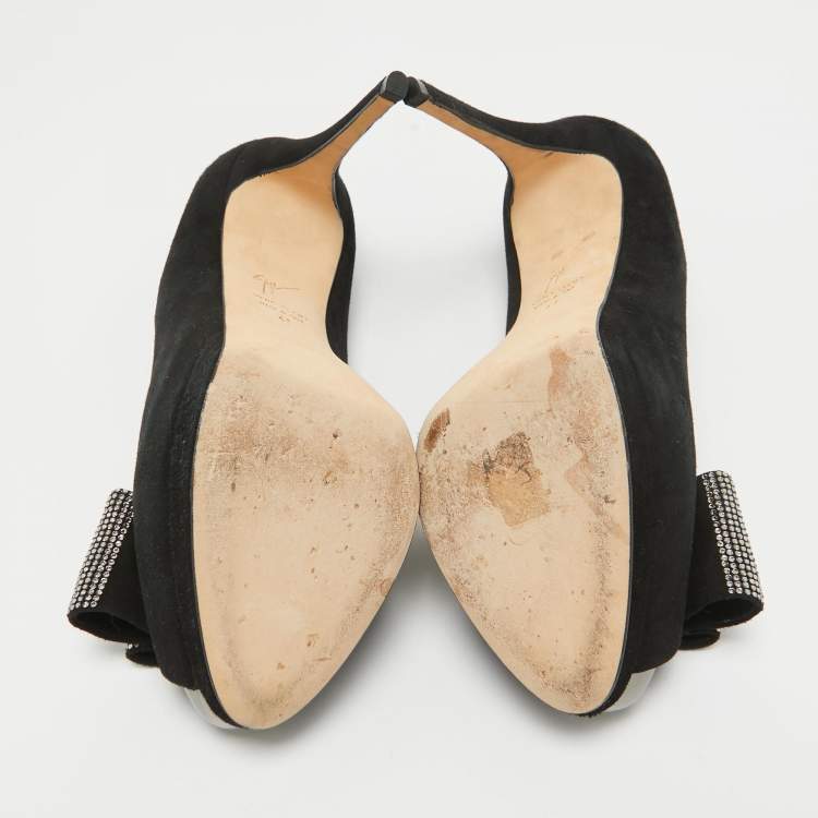 Pre Owned Giuseppe Zanotti Black Suede Crystal Embellished Bow Peep Toe Platform Pumps Size 41