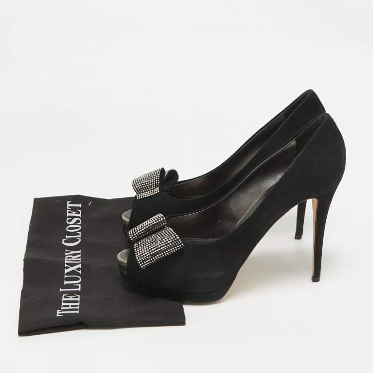 Pre Owned Giuseppe Zanotti Black Suede Crystal Embellished Bow Peep Toe Platform Pumps Size 41