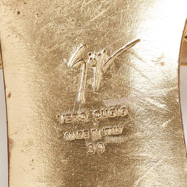 Pre Owned Giuseppe Zanotti Gold Leather Toe Ring Flat Slides Size 39