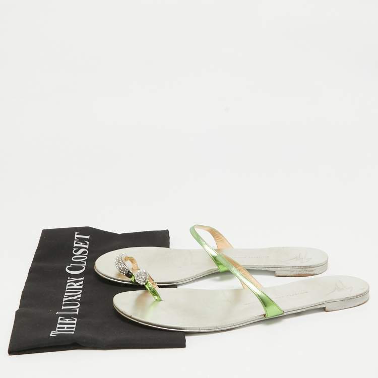 Pre Owned Giuseppe Zanotti Green Leather Crystal Embellished Toe Ring Flat Slides Size 41