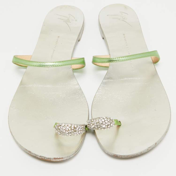 Pre Owned Giuseppe Zanotti Green Leather Crystal Embellished Toe Ring Flat Slides Size 41