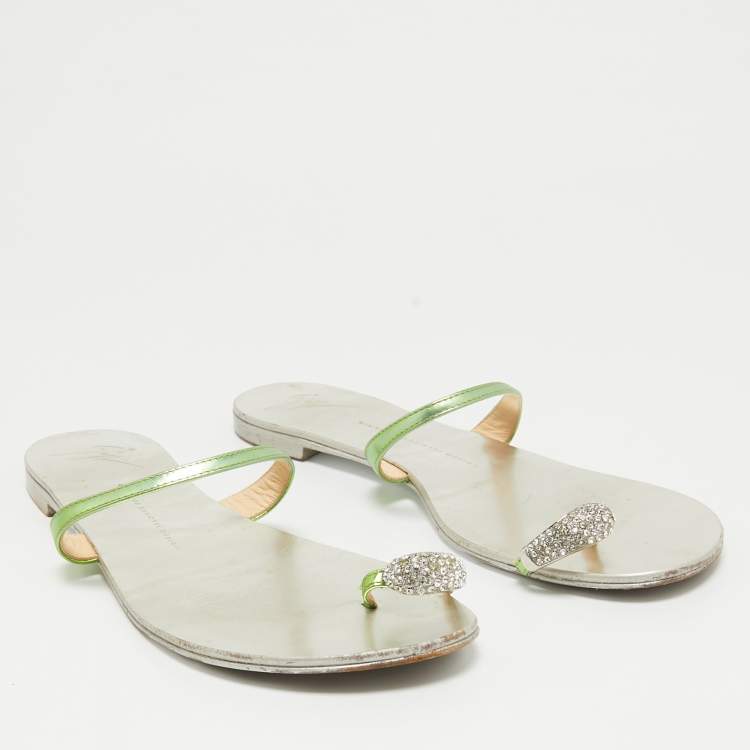 Pre Owned Giuseppe Zanotti Green Leather Crystal Embellished Toe Ring Flat Slides Size 41