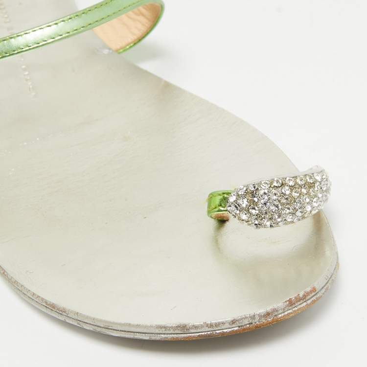 Pre Owned Giuseppe Zanotti Green Leather Crystal Embellished Toe Ring Flat Slides Size 41