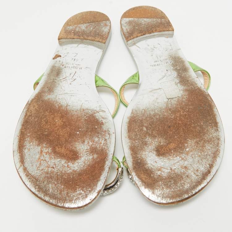 Pre Owned Giuseppe Zanotti Green Leather Crystal Embellished Toe Ring Flat Slides Size 41