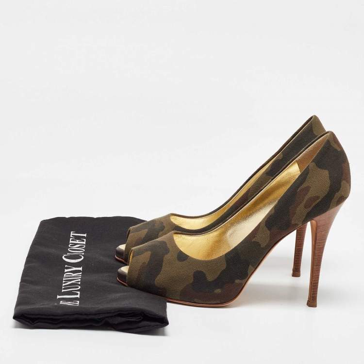 Pre Owned Giuseppe Zanotti Green Camouflage Canvas Peep Toe Pumps Size 40