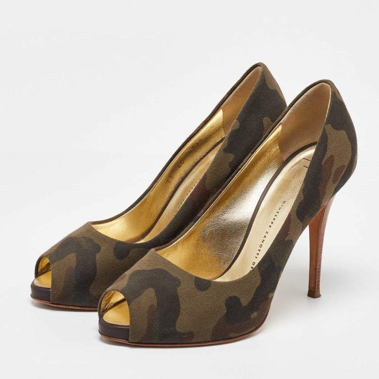 Pre Owned Giuseppe Zanotti Green Camouflage Canvas Peep Toe Pumps Size 40