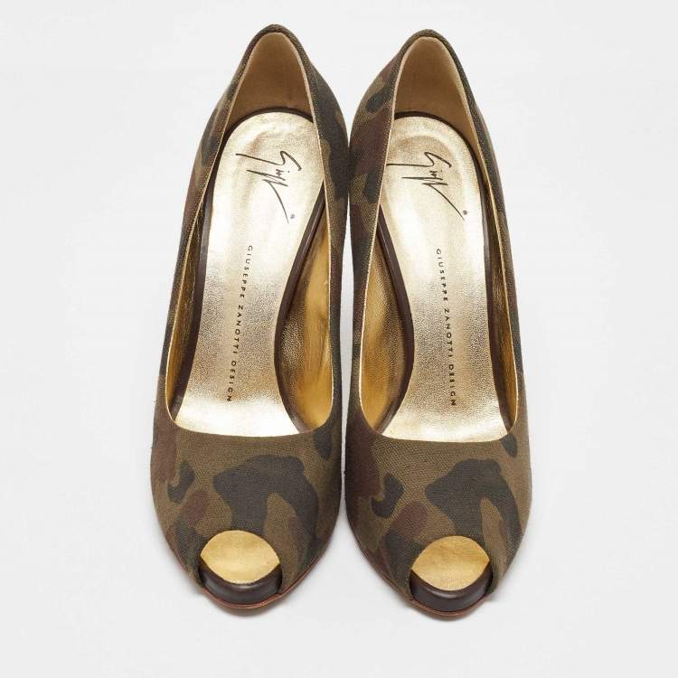 Pre Owned Giuseppe Zanotti Green Camouflage Canvas Peep Toe Pumps Size 40