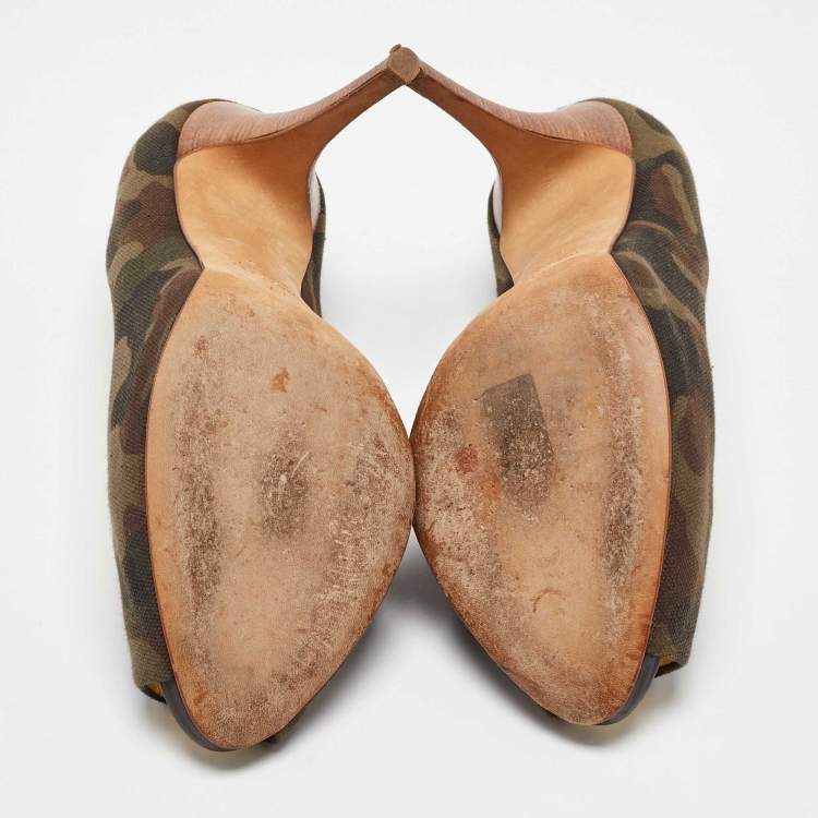 Pre Owned Giuseppe Zanotti Green Camouflage Canvas Peep Toe Pumps Size 40