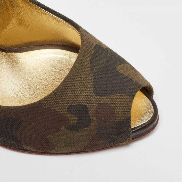 Pre Owned Giuseppe Zanotti Green Camouflage Canvas Peep Toe Pumps Size 40