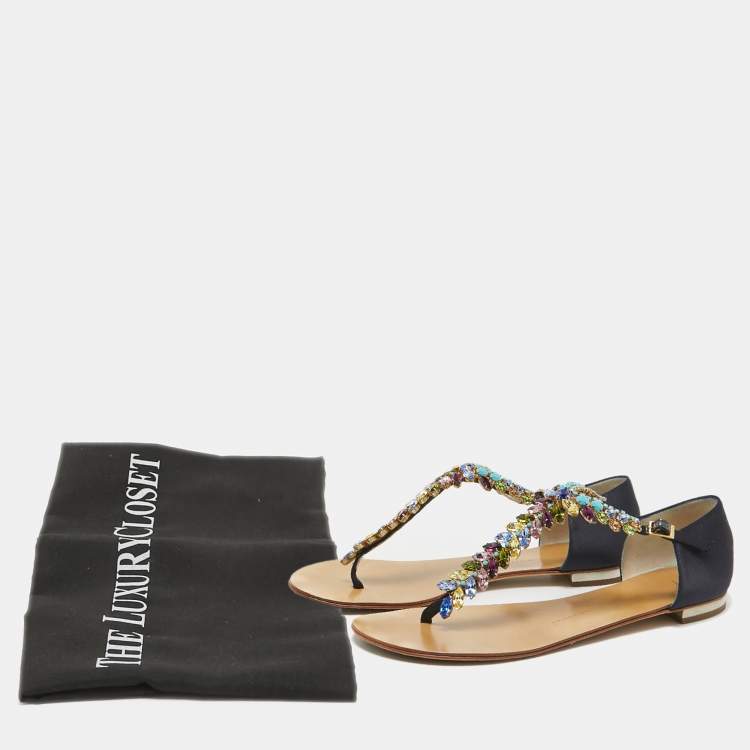 Pre Owned Giuseppe Zanotti Navy Blue Satin Crystal Embellished T-Strap Flat Sandals Size 40