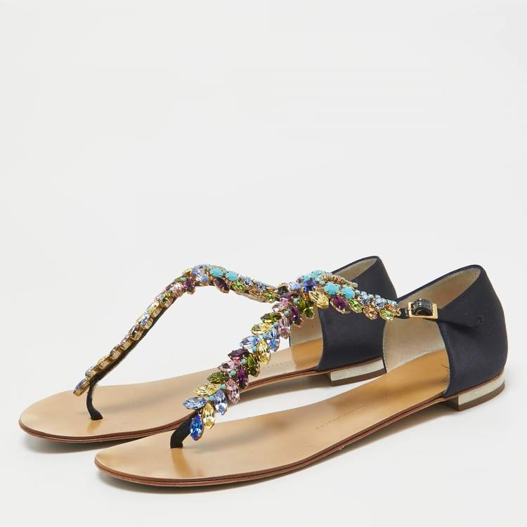Pre Owned Giuseppe Zanotti Navy Blue Satin Crystal Embellished T-Strap Flat Sandals Size 40
