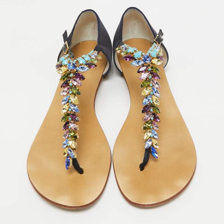 Pre Owned Giuseppe Zanotti Navy Blue Satin Crystal Embellished T-Strap Flat Sandals Size 40