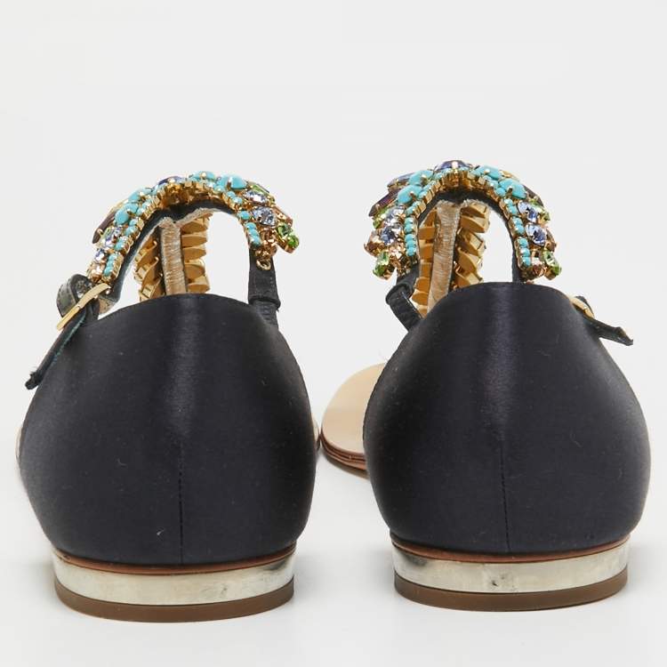 Pre Owned Giuseppe Zanotti Navy Blue Satin Crystal Embellished T-Strap Flat Sandals Size 40