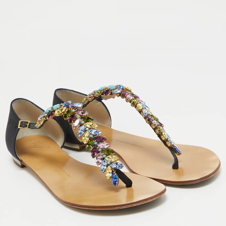 Pre Owned Giuseppe Zanotti Navy Blue Satin Crystal Embellished T-Strap Flat Sandals Size 40