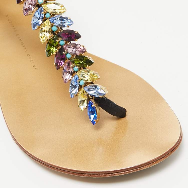 Pre Owned Giuseppe Zanotti Navy Blue Satin Crystal Embellished T-Strap Flat Sandals Size 40