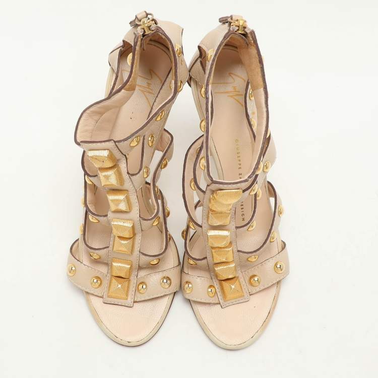 Pre Owned Giuseppe Zanotti Beige Leather Embellished Ankle Strap Sandals Size 36.5