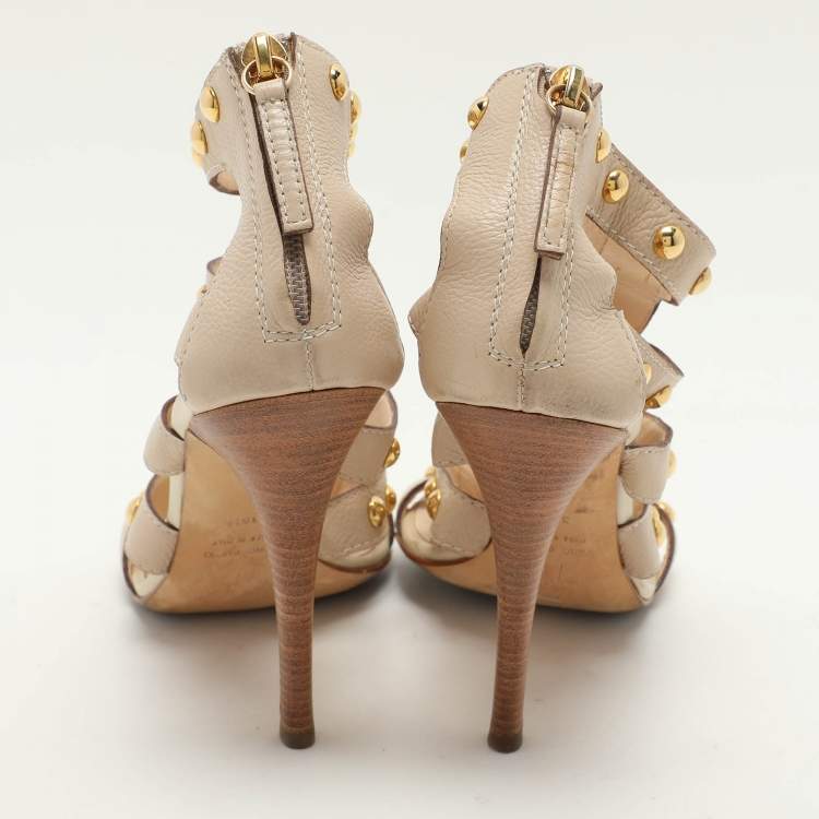 Pre Owned Giuseppe Zanotti Beige Leather Embellished Ankle Strap Sandals Size 36.5