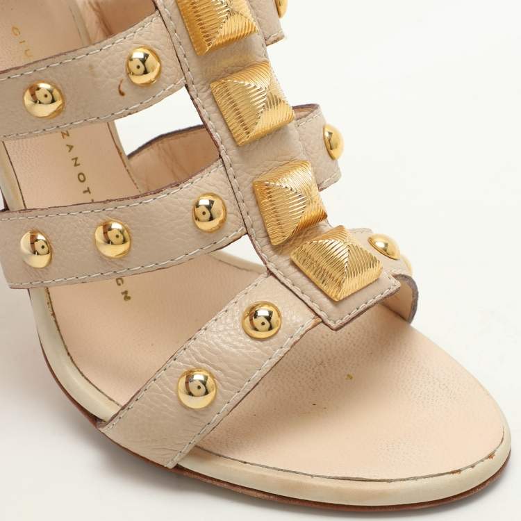 Pre Owned Giuseppe Zanotti Beige Leather Embellished Ankle Strap Sandals Size 36.5