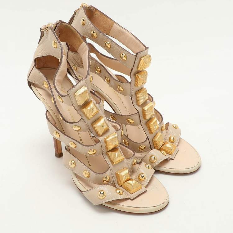 Pre Owned Giuseppe Zanotti Beige Leather Embellished Ankle Strap Sandals Size 36.5