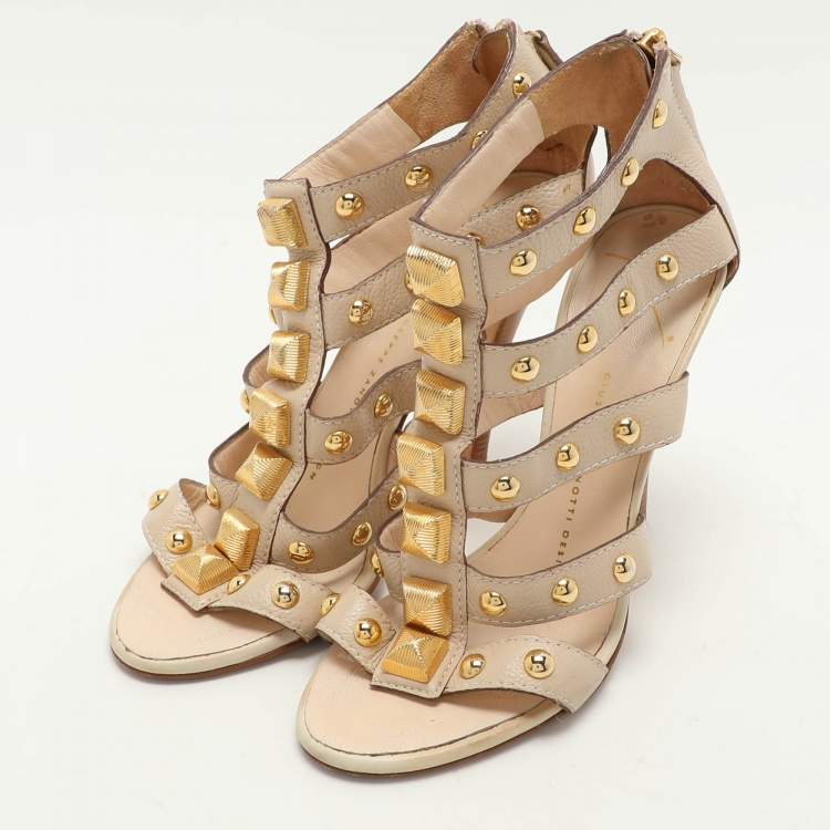 Pre Owned Giuseppe Zanotti Beige Leather Embellished Ankle Strap Sandals Size 36.5