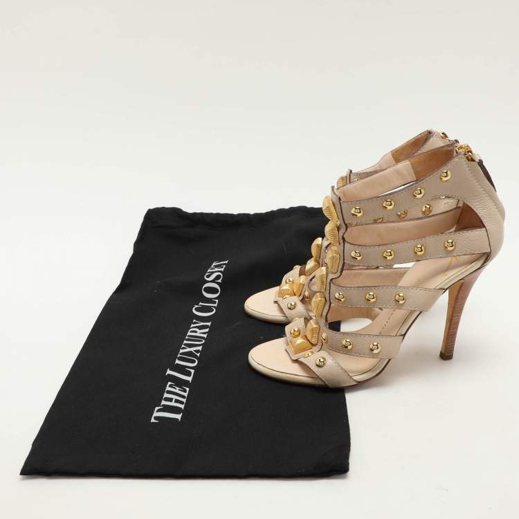 Pre Owned Giuseppe Zanotti Beige Leather Embellished Ankle Strap Sandals Size 36.5