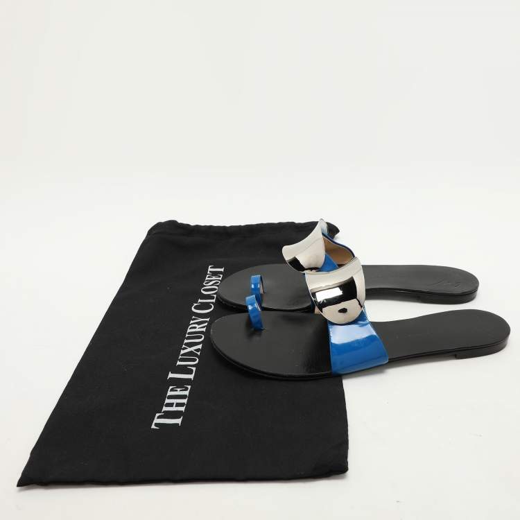 Pre Owned Giuseppe Zanotti Blue Patent Leather Toe Ring Flat Sandals Size 41