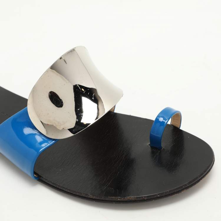 Pre Owned Giuseppe Zanotti Blue Patent Leather Toe Ring Flat Sandals Size 41