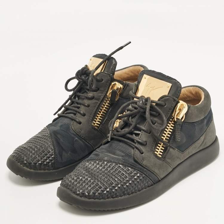 Pre Owned Giuseppe Zanotti Grey/Black Fabric and Leather High Top Sneakers Size 39