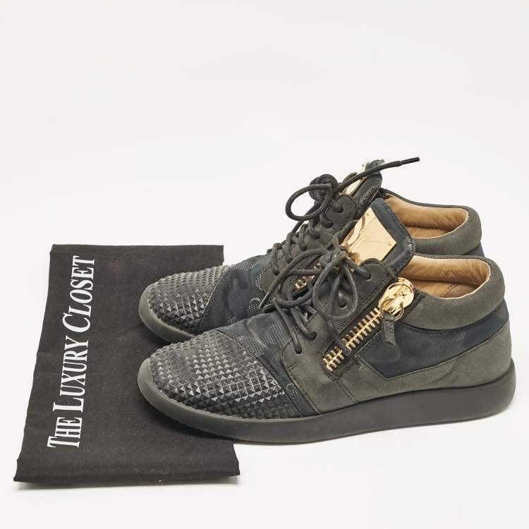 Pre Owned Giuseppe Zanotti Grey/Black Fabric and Leather High Top Sneakers Size 39