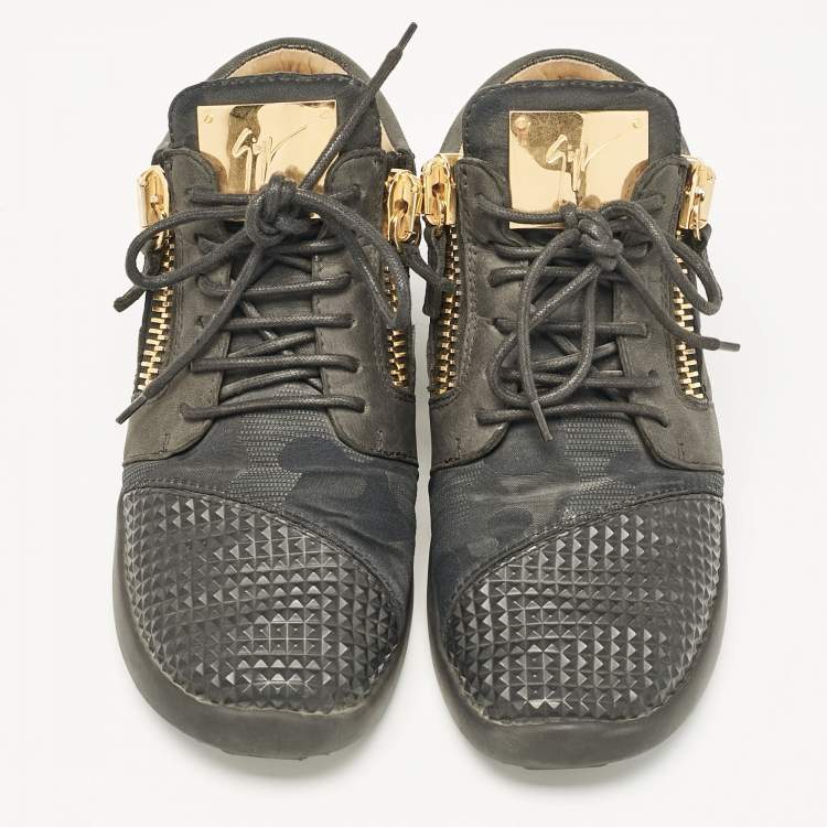 Pre Owned Giuseppe Zanotti Grey/Black Fabric and Leather High Top Sneakers Size 39