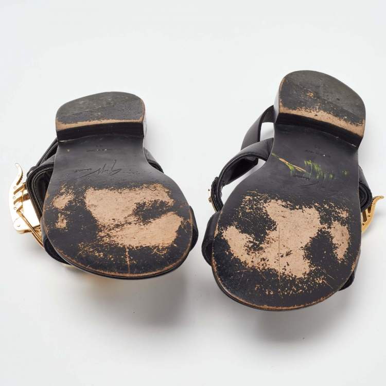Pre Owned Giuseppe Zanotti Black Leather Zak Flat Sandals Size 41
