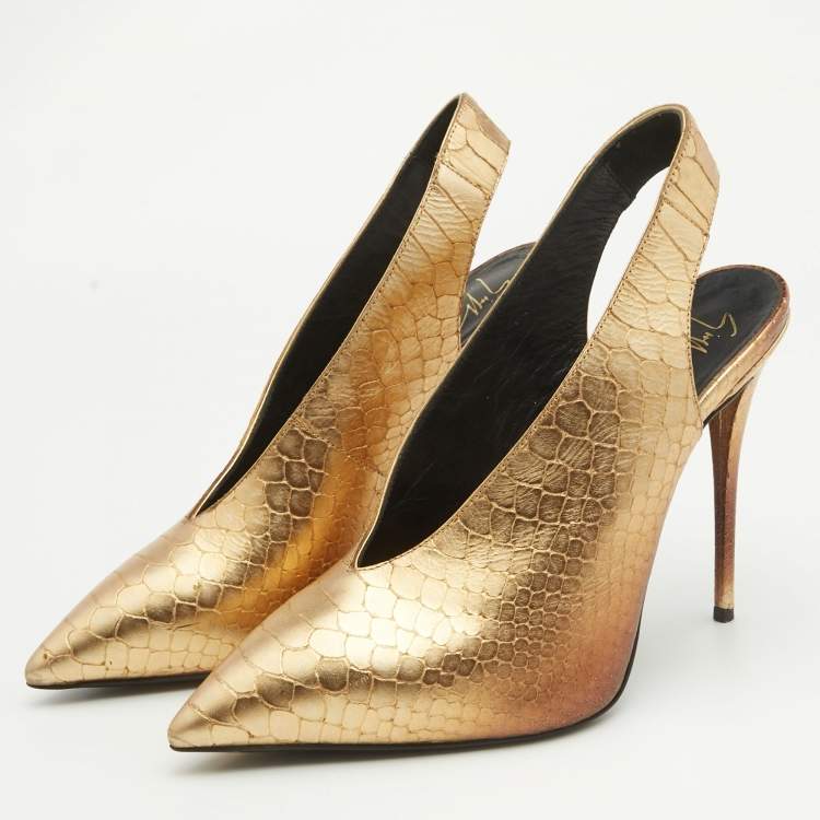 Pre Owned Giuseppe Zanotti Metallic Golden Python Embossed Leather Slingback Pumps Size 38