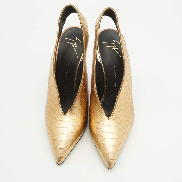 Pre Owned Giuseppe Zanotti Metallic Golden Python Embossed Leather Slingback Pumps Size 38