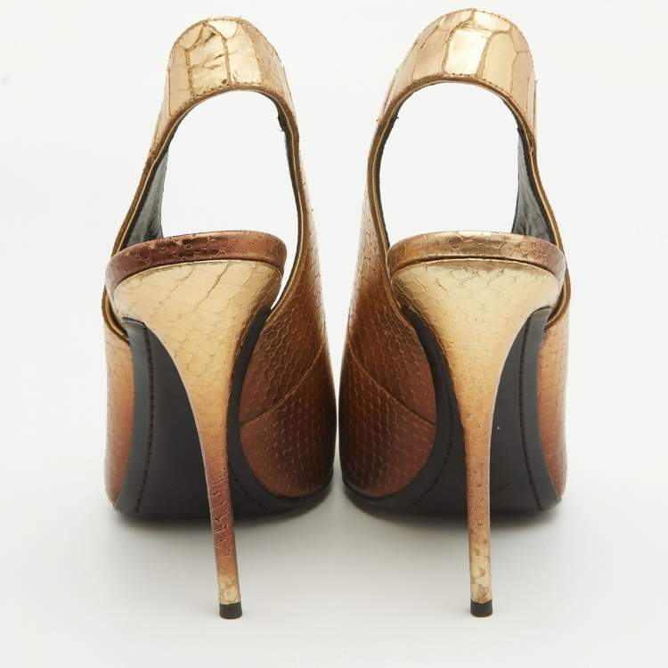Pre Owned Giuseppe Zanotti Metallic Golden Python Embossed Leather Slingback Pumps Size 38