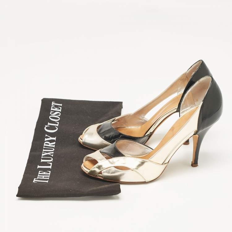 Pre Owned Giuseppe Zanotti Gold/Black Leather and Patent D'orsay Pumps Size 37