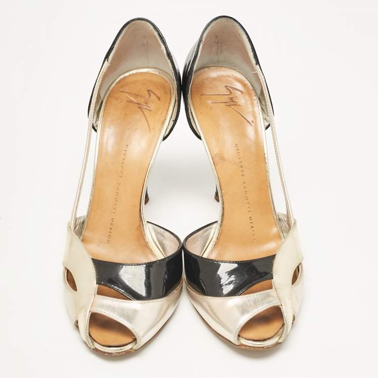 Pre Owned Giuseppe Zanotti Gold/Black Leather and Patent D'orsay Pumps Size 37