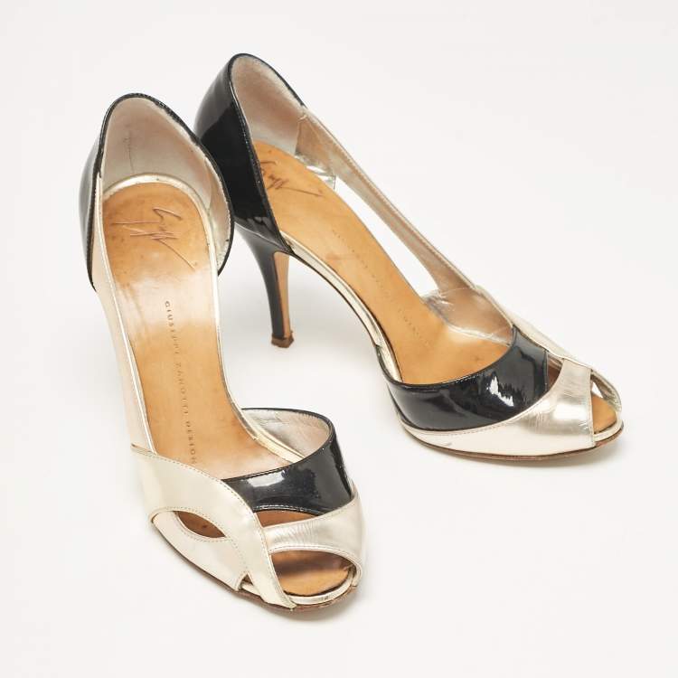 Pre Owned Giuseppe Zanotti Gold/Black Leather and Patent D'orsay Pumps Size 37