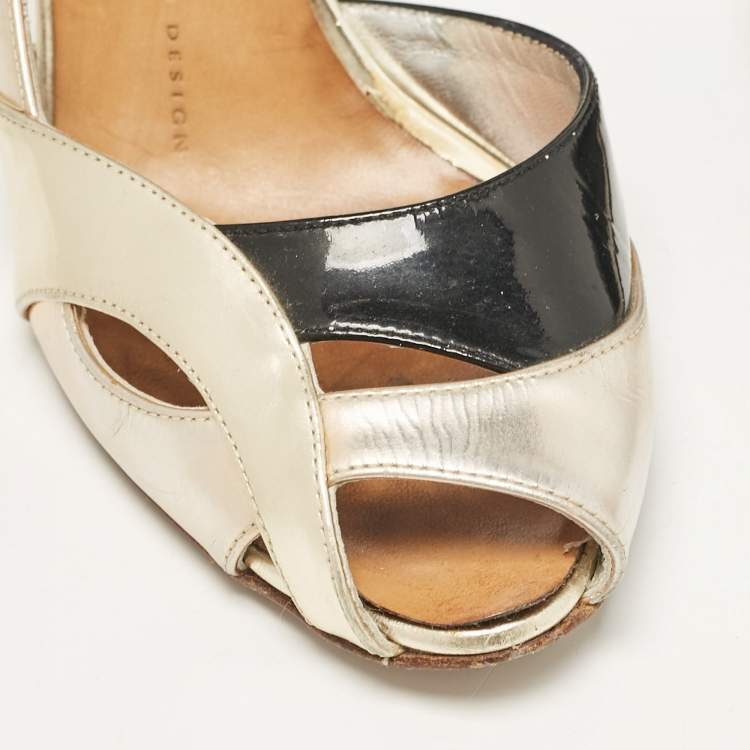 Pre Owned Giuseppe Zanotti Gold/Black Leather and Patent D'orsay Pumps Size 37