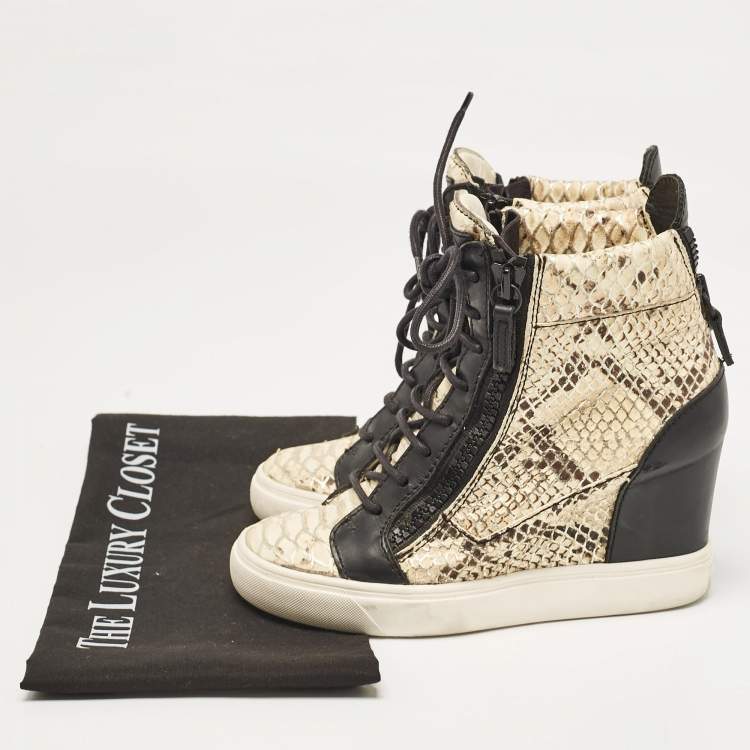 Pre Owned Giuseppe Zanotti Cream/Black Leather and Python Embossed Leather Coby Sneakers Size 36.5
