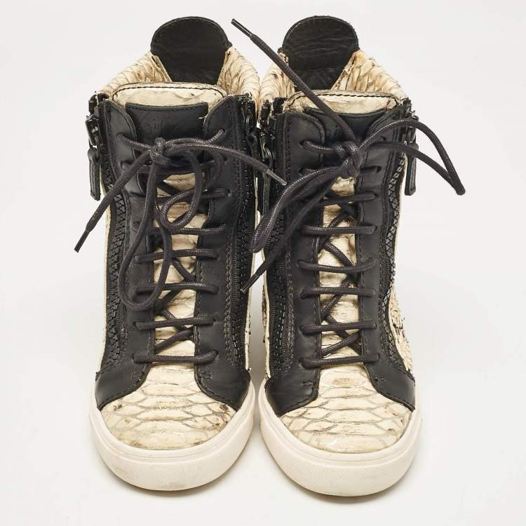 Pre Owned Giuseppe Zanotti Cream/Black Leather and Python Embossed Leather Coby Sneakers Size 36.5