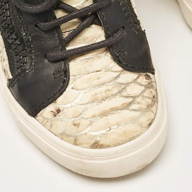 Pre Owned Giuseppe Zanotti Cream/Black Leather and Python Embossed Leather Coby Sneakers Size 36.5