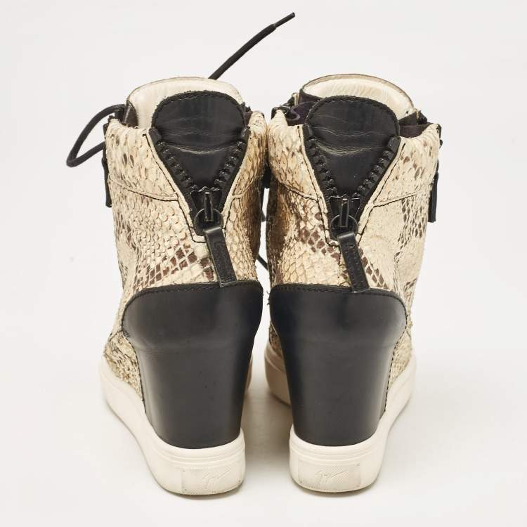 Pre Owned Giuseppe Zanotti Cream/Black Leather and Python Embossed Leather Coby Sneakers Size 36.5