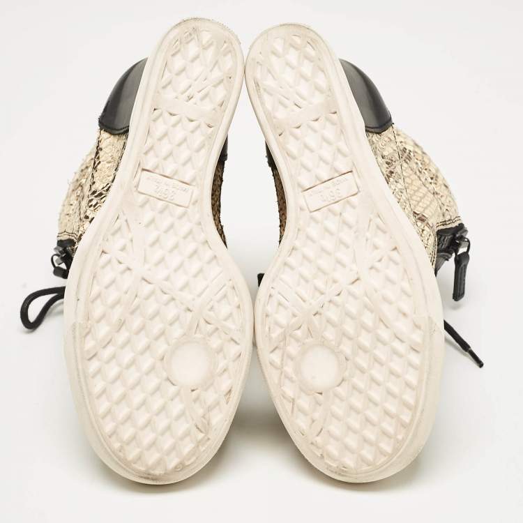 Pre Owned Giuseppe Zanotti Cream/Black Leather and Python Embossed Leather Coby Sneakers Size 36.5