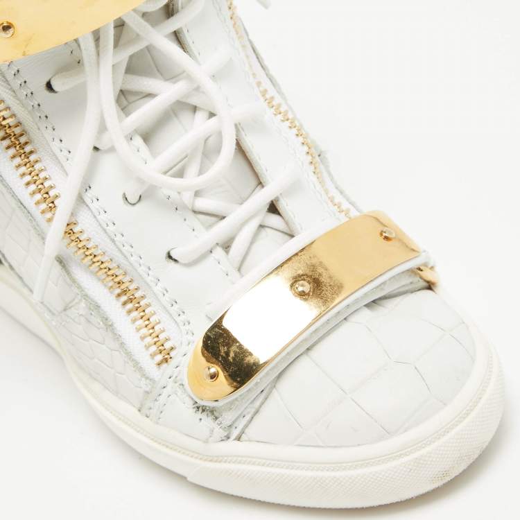 Pre Owned Giuseppe Zanotti White Croc Embossed Leather Lorenz Wedge High Top Sneakers Size 36