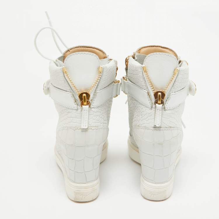 Pre Owned Giuseppe Zanotti White Croc Embossed Leather Lorenz Wedge High Top Sneakers Size 36