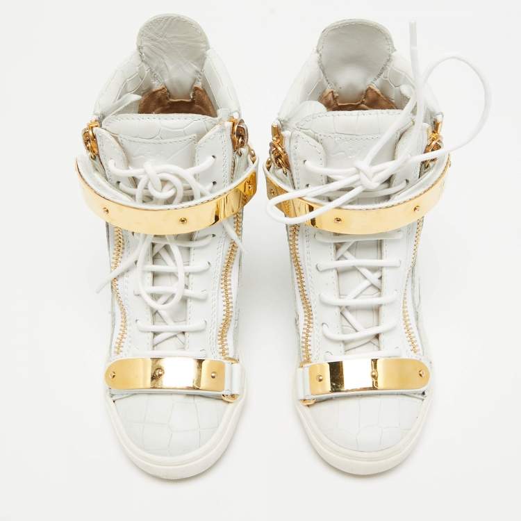 Pre Owned Giuseppe Zanotti White Croc Embossed Leather Lorenz Wedge High Top Sneakers Size 36