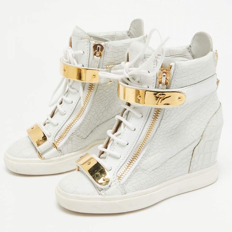 Pre Owned Giuseppe Zanotti White Croc Embossed Leather Lorenz Wedge High Top Sneakers Size 36