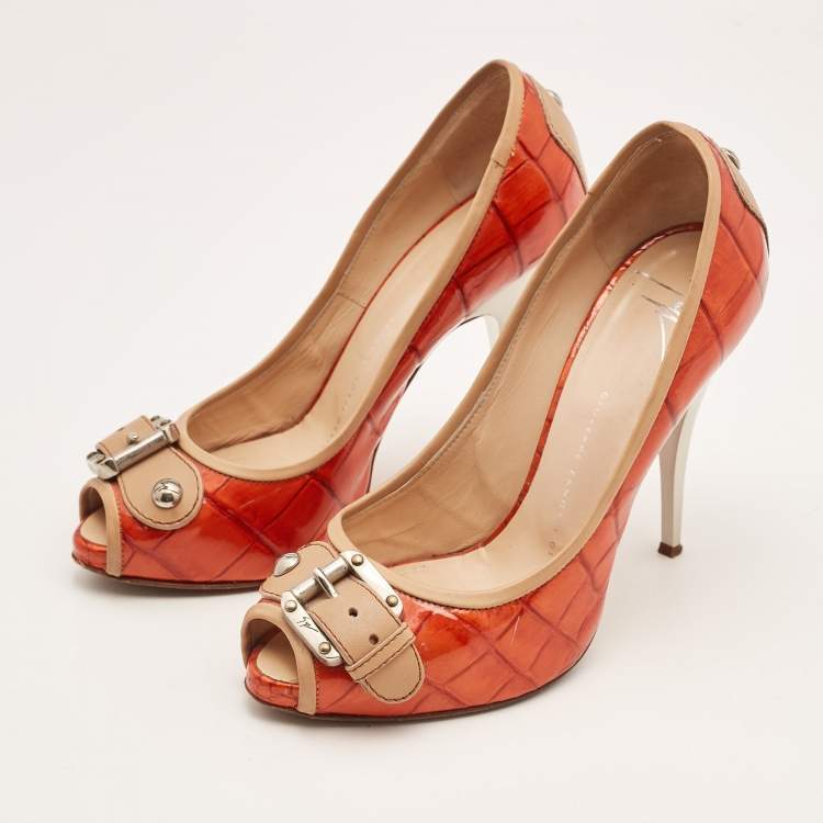 Pre Owned Giuseppe Zanotti Orange Embossed Croc Buckle Detail Peep Toe Pumps Size 37