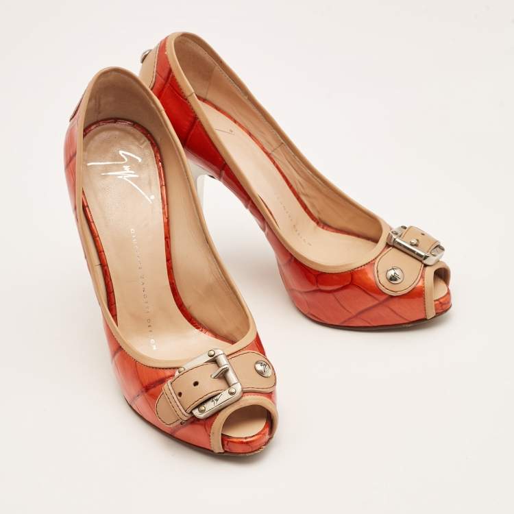 Pre Owned Giuseppe Zanotti Orange Embossed Croc Buckle Detail Peep Toe Pumps Size 37