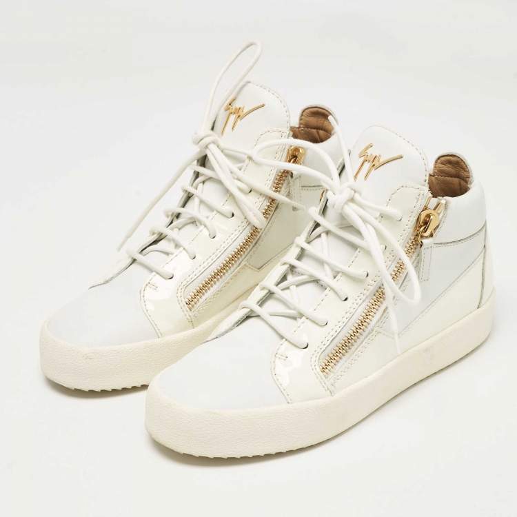 Pre Owned Giuseppe Zanotti White Leather and Patent Leather London High Top Sneakers Size 39.5